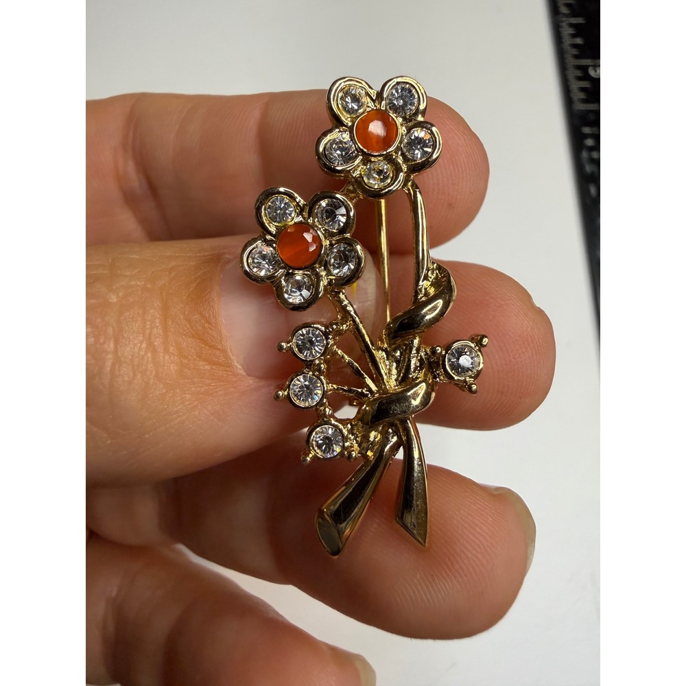 Gold Tone Flower Bouquet Brooch Orange Cabochon Rhinestone Floral Pin 1.5 Inch